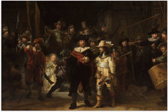 Poster (Mat) - De Nachtwacht, Rembrandt van Rijn, 1642 - Oude Meesters - 120x80 cm Foto op Posterpapier met een Matte look
