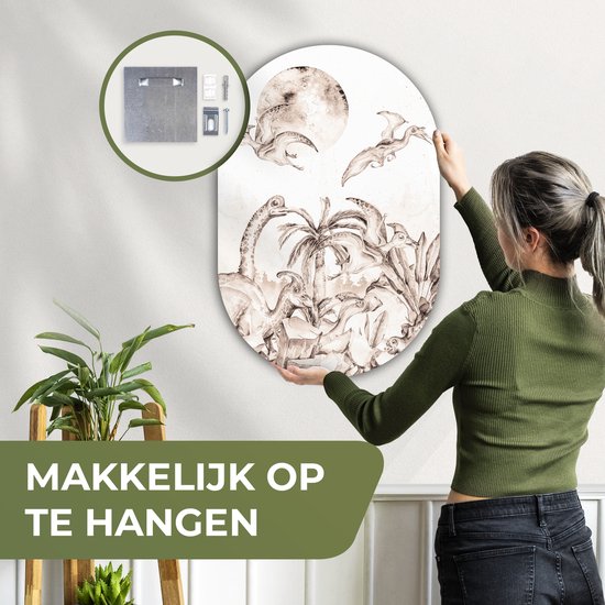 Ovale Mural - Ovale Mural - Décoration murale Plastique - Peinture Ovale - Dino - Enfants - Jungle - Plantes - Kids - 60x90 cm - Forme miroir ovale sur plastique