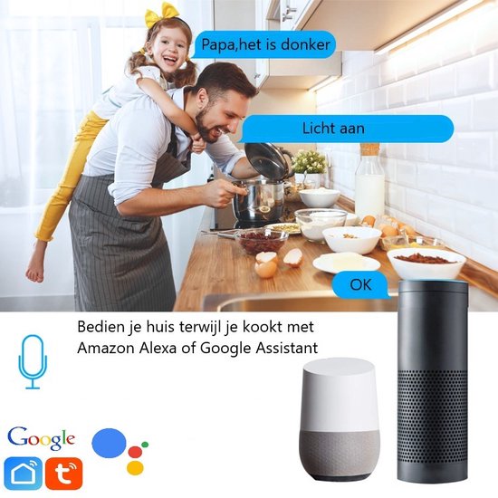 Man en kind in keuken, omringd door smart home apparaten, met tekstballonnen 'Papa, het is donker' en 'Licht aan'.