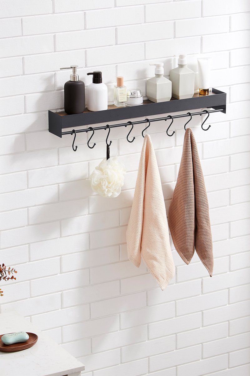 MAZAZU MIRA Home Wandkapstok met 8 Verstelbare Haken - Kapstok met Hoedenplank en Roede - 70 cm - Zwart
