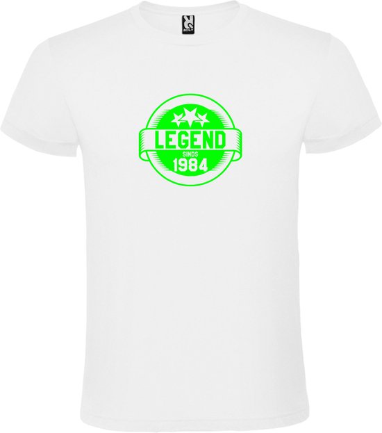 Wit T-Shirt met “Legend sinds 1984 “ Afbeelding Neon Groen Size XXXXXL