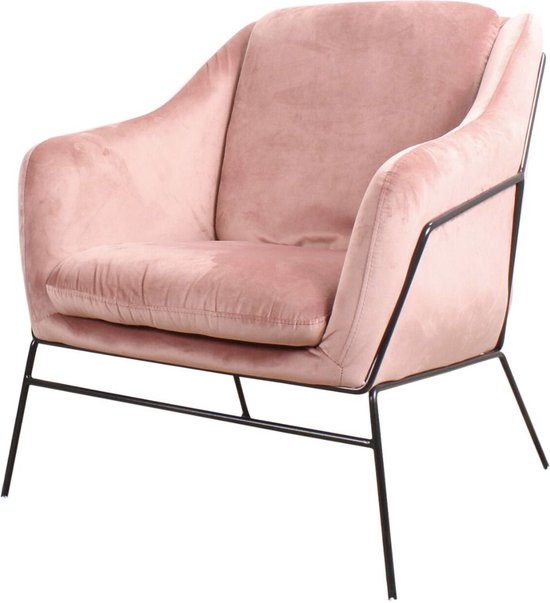 DS4U® Antonio fauteuil - sofa - industrieel - velvet - velours - fluweel - zwart metaal - staal - vintage roze - met armleuning