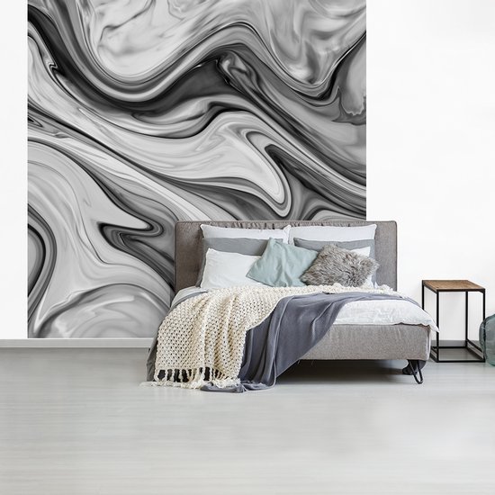 Behang - Fotobehang Marmer - Patronen - Grijs - Marmerlook - Zwart - Breedte 280 cm x hoogte 280 cm