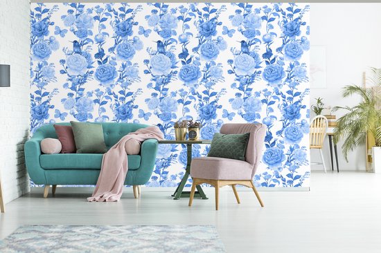 Papier peint - Papiers Papier peint photo Fleurs - Blauw - Roses - Largeur 330 cm x Hauteur 220 cm