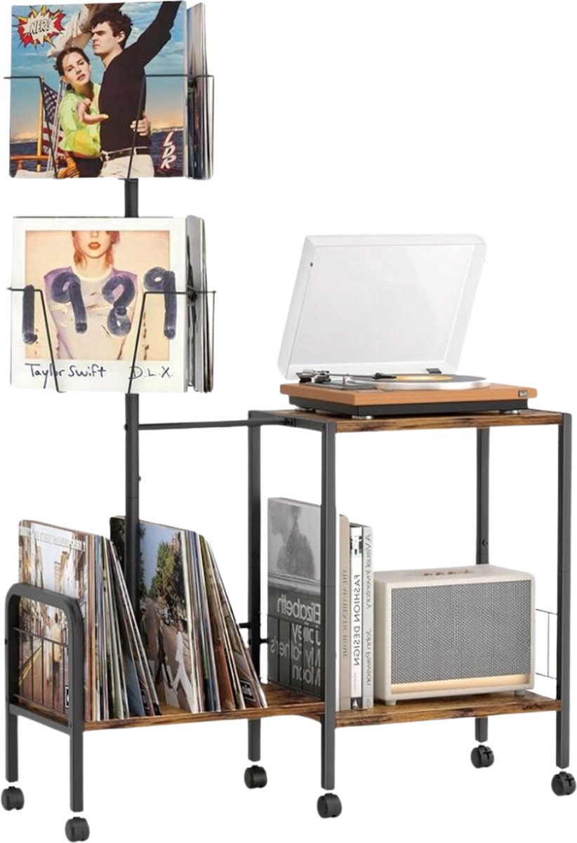Platenspeler Meubel - Draaibare Vinylplatenopslag - Platenspelerstandaard - Draaitafelstandaard met Vinylopslag - Platenspelertafel voor Vinylplaten - Platenhouder tot 200 Vinylalbums voor Woonkamer - Zwart en Bruin