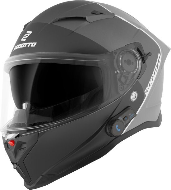 Casque Bogotto noir et gris avec accents blancs, visière et module Bluetooth.