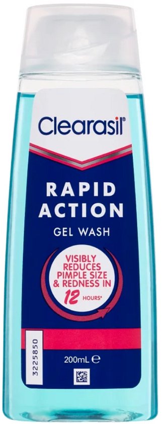 Clearasil Rapid Action Gel Wash, een transparante blauwe gel in een heldere fles met rode en blauwe etiketten. 200ml.