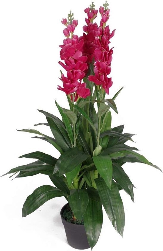 2 stuks kunstorchideeën, roze met zwarte glazen vaas, kunstplant