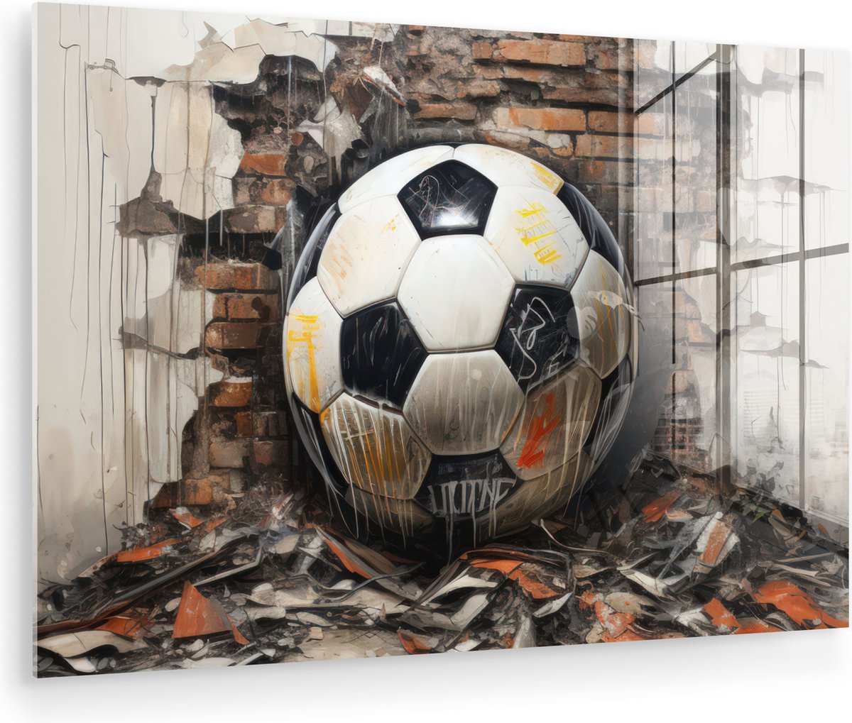 MuchoWow® Glasschilderij 30x20 cm - Schilderij acrylglas - Voetbal - Muur - Zwart - Wit - Foto op glas - Muurdecoratie woonkamer - Wanddecoratie slaapkamer - Schilderijen