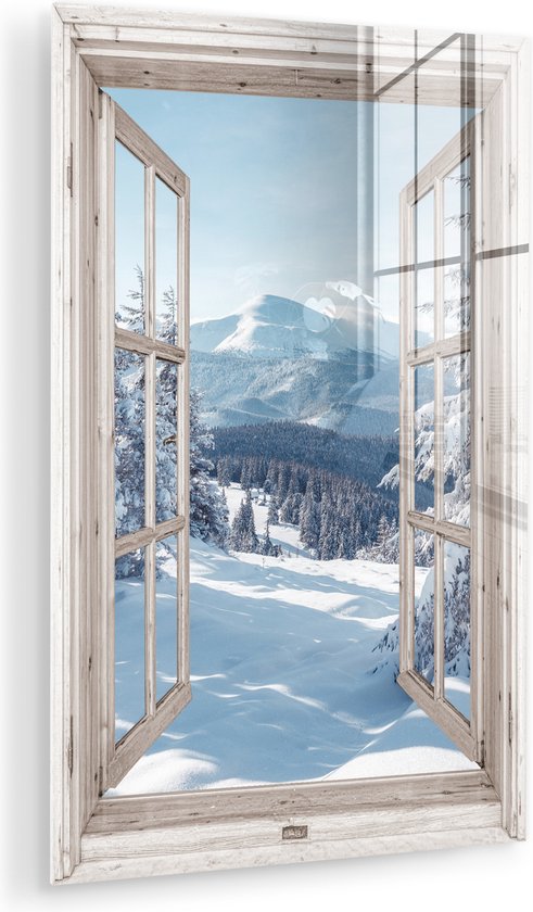 MuchoWow® Glasschilderij 60x90 cm - Schilderij acrylglas - Doorkijk - Winter - Landschap - Natuur - Berg - Bomen - Wit - Foto op glas - Muurdecoratie woonkamer - Wanddecoratie slaapkamer - Schilderijen