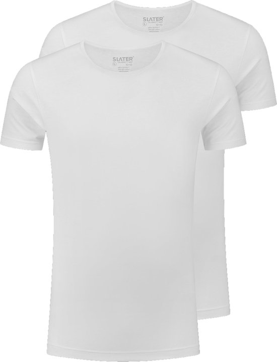 Twee witte slanke t-shirts met korte mouwen, met ronde hals en merklabel.