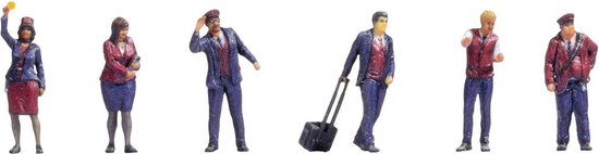 Set van zes spoorwegpersoneel figuren in uniform, met koffers en accessoires.