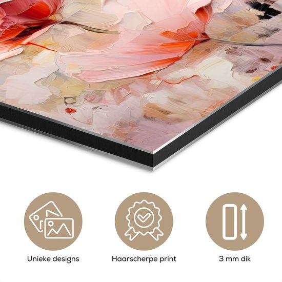 Gros plan d'une peinture métallique avec des fleurs abstraites roses et oranges. Icônes pour designs uniques, impression haute définition et 3 mm d'épaisseur.