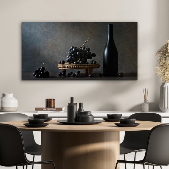 Tableau aluminium 80x40 cm - Décoration murale métal - Nature morte - Zwart - Bouteille - Raisins - Décoration murale métal salon - Décoration industrielle - Photo sur dibond - Accessoires industriels chambre
