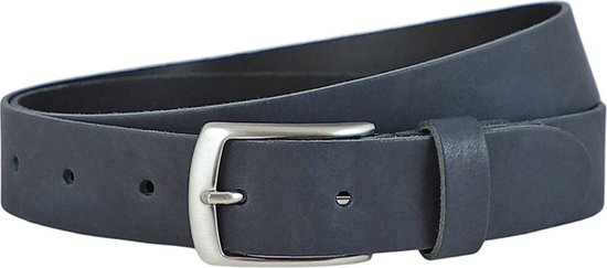 Donkerblauwe leren riem met een zilverkleurige gesp, gebogen en met een enkele lussenhouder.