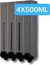 Zilverkleurige zeepdispenser met 4 reservoirs en zwarte pompen. 4X500ML.