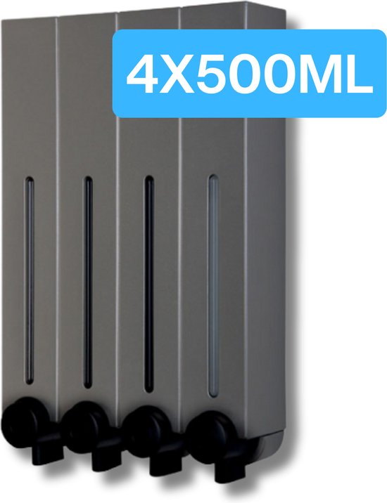 Aquathof Zeepdispenser RVS kleur - 4 reservoirs - 4x500 ML - Wandmontage - Zeeppompje Hangend - Badkamer - Douche