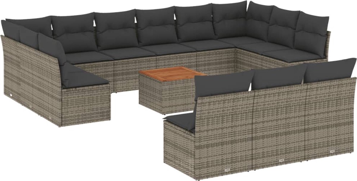 The Living Store 14-delige Loungeset met kussens poly rattan grijs - Loungeset - Tuinmeubels - Loungehoek - Tuinbank - Buitentafel