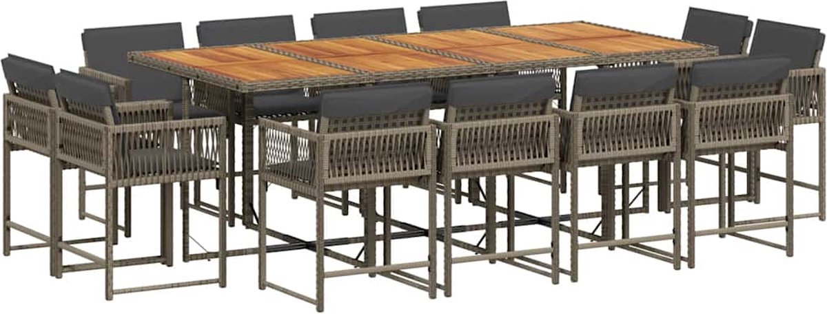 The Living Store 13-delige Tuinset met kussens poly rattan grijs - Tuin Set - Buitentijd - Lounge Set - Eetkamerset - Patio Set