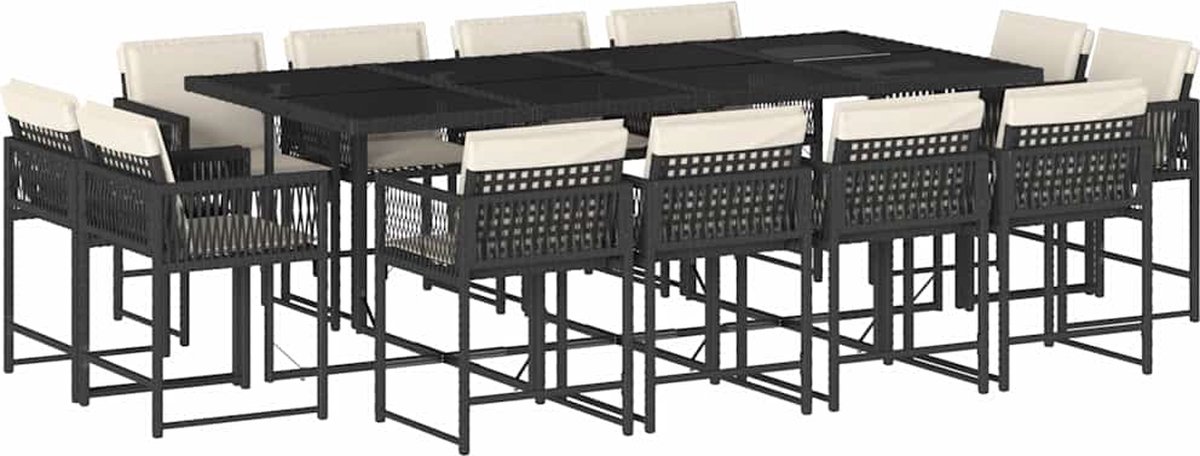 The Living Store 13-delige Tuinset met kussens poly rattan zwart - Tuinset - Buitendecoratie - Lounge Set - Eetkamerset - Poly Rattan