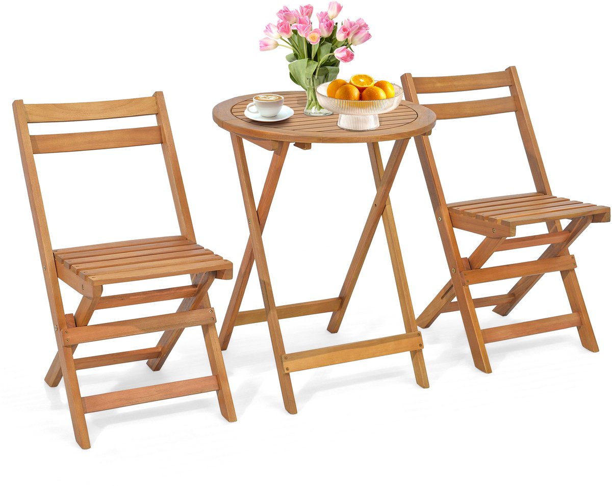 COSTWAY 3-delige bistroset inklapbaar, 2 tuinstoelen en bijzettafel, acaciahout, balkonset, zitmeubel, tuinset, zitgroep, tuinmeubelen voor tuin, balkon
