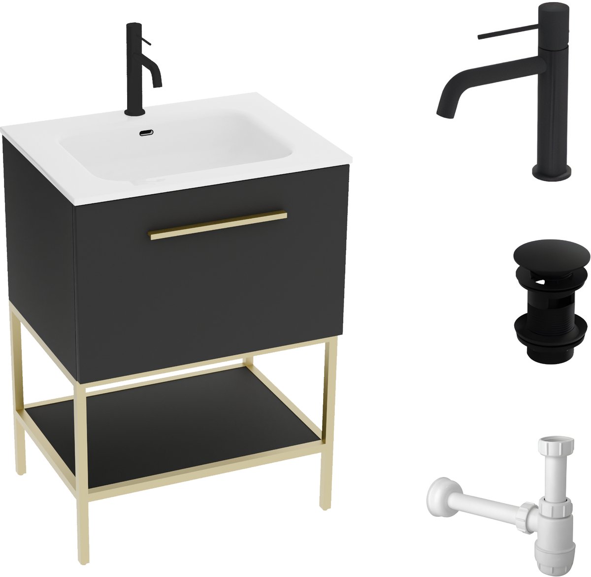LAVITA-BOSTON - Luxe Badkamermeubelset 600x458x840mm - Zwarte ORION Kraan - Pop-Up Afvoerplug - MCALPINE Sifon - Set