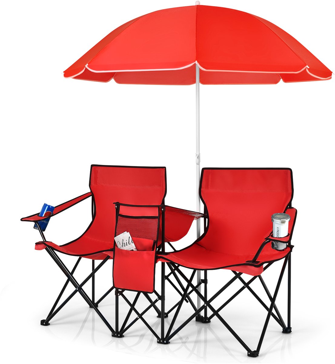 COSTWAY 2-zits campingstoel met parasol, koeltas, bekerhouder en zijzak, inklapbare visstoel met draagtas, vouwstoel, klapstoel voor kamperen, vissen, picknick (rood)