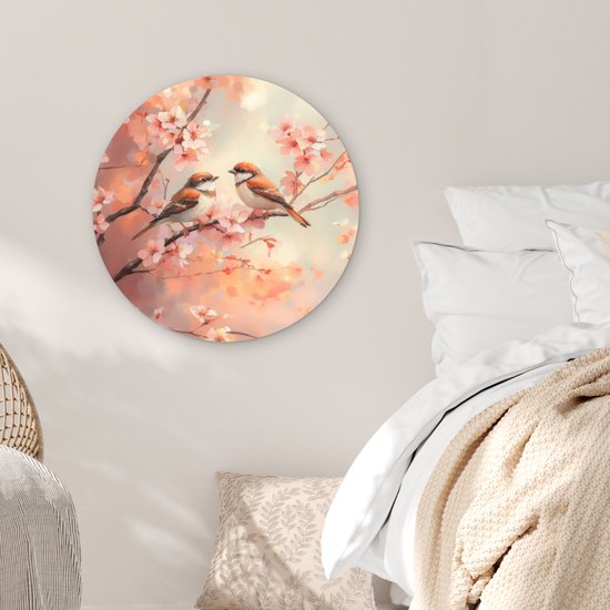 WallCircle® Cercle mural 60x60 cm - Cercle mural Vogels - Romantique - Branche fleurie - Décoration murale salon - Décoration murale chambre - Accessoires de décoration de chambre - Tableaux ronds