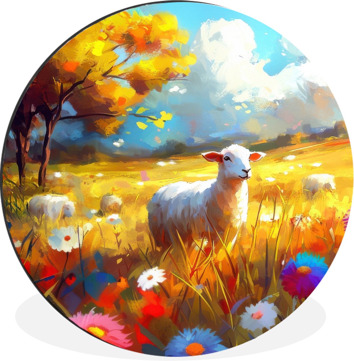 WallCircle Wandcirkel - Muurcirkel - Schaap - Weide - Bloemen - Aluminium - Dibond - 30x30 cm - Binnen en Buiten