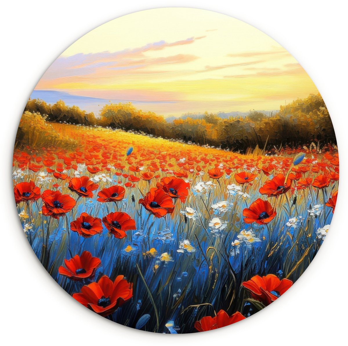 WallCircle Wandcirkel 90x90 cm - Muurcirkel Klaproos - Bloemenveld - Kleurrijk - Muurdecoratie woonkamer - Wanddecoratie slaapkamer - Kamer decoratie accessoires - Ronde schilderijen Klaprozen - Bloemenveld