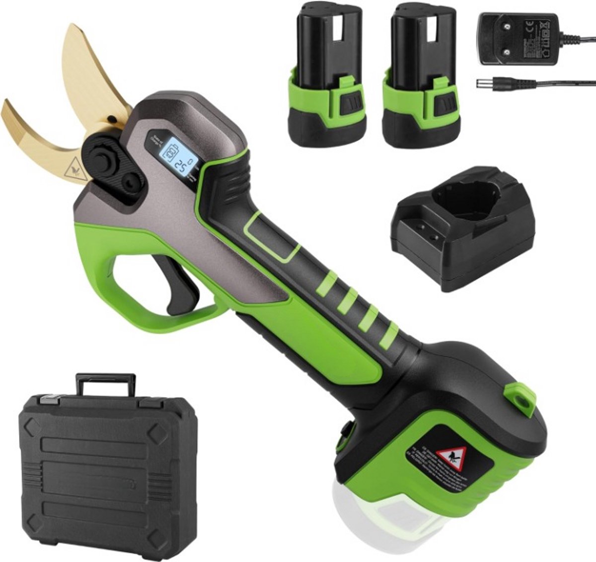 Elektrische Snoeischaar - Snoerloze Takkenschaar - Tuinschaar - met Oplaadbare Batterij - LCD-display - 12V - Schakelbaar Snijdiameter - Max. 25 mm - Zwart en Groen
