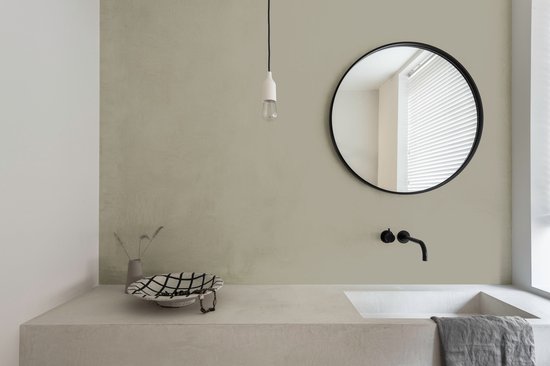 Lichte groene muur in een badkamer met wastafelmeubel, spiegel en kraan.