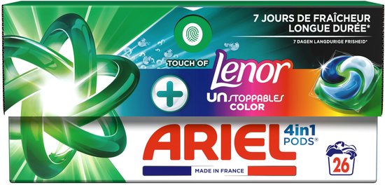 Een Ariel 4in1 pod verpakking met touch of Lenor Unstoppables Color. Gemaakt in Frankrijk.