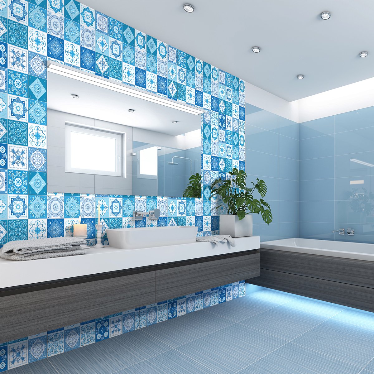 Ambiance Sticker Zelfklevende tegelmuurstickers voor keuken en badkamer - 60 cementtegelstickers (Azulejos Asfodelo) - 60 stickers, 20x20cm Multi color