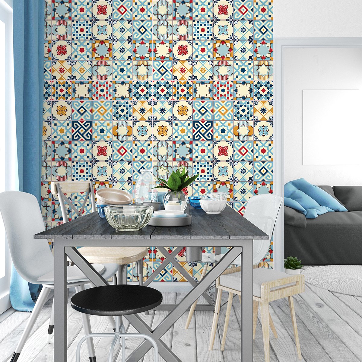 Ambiance Sticker Zelfklevende tegelmuurstickers voor keuken en badkamer - 60 cementtegelstickers, Azulejos Graciano-stijl - 60 stickers, 20x20 cm Multi color