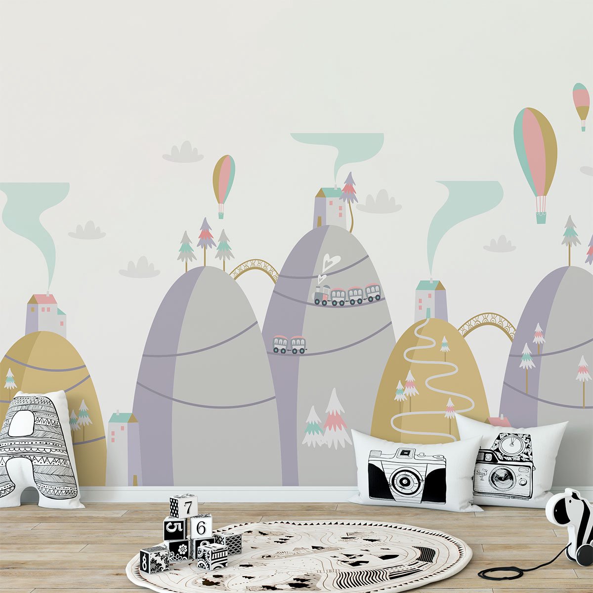 Ambiance Sticker Scandinavische bergstickers met heteluchtballonnen bij de heuvels, 60 x 90 cm Multi color