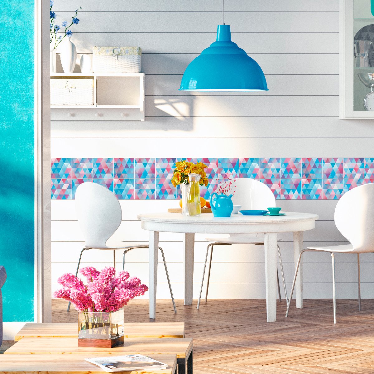 Ambiance Sticker Zelfklevende tegelmuurstickers voor keuken en badkamer - 9 Scandinavische cementtegelstickers in blauw en Baltisch roze - 9 stickers, 10x10 cm Multi color
