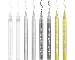Metallic Acrylic Paint Pens - 8 Pieces 0.7mm Markers for Stones Painting Wood - Porcelain Ceramic Textile - White Black Gold Silver