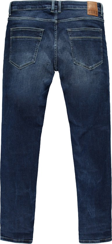 Achterkant van een donkerblauwe, slim fit spijkerbroek met lichte slijtage.