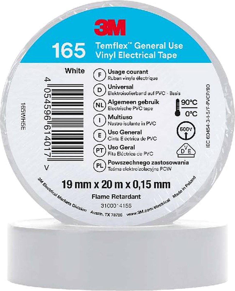 3M Isolatie Tape - 19mm breed - 0,152mm dik - 20 meter - Wit