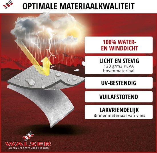 Laagopbouw van een waterdichte Walser autohoes met uv-bestendige en vuilafstotende eigenschappen.