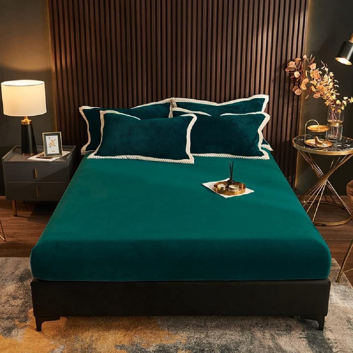 Warm hoeslaken 120 x 200 cm, donkergroen, pluche boxspringbed, 120 x 200 cm, winter hoeslaken 120 x 200 cm, boxspring badstof hoeslaken, effen patroon, linnen doek voor hoge matrassen
