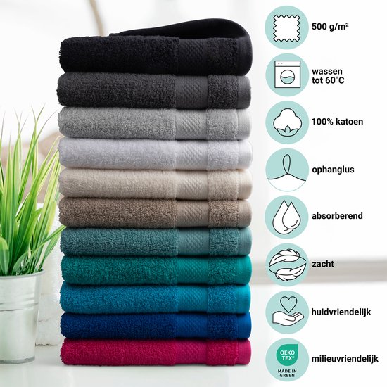 Stapel handdoeken in verschillende kleuren, van zwart tot roze. Met informatie over wassen, katoen, ophanglus, absorberend, zacht en milieuvriendelijk.