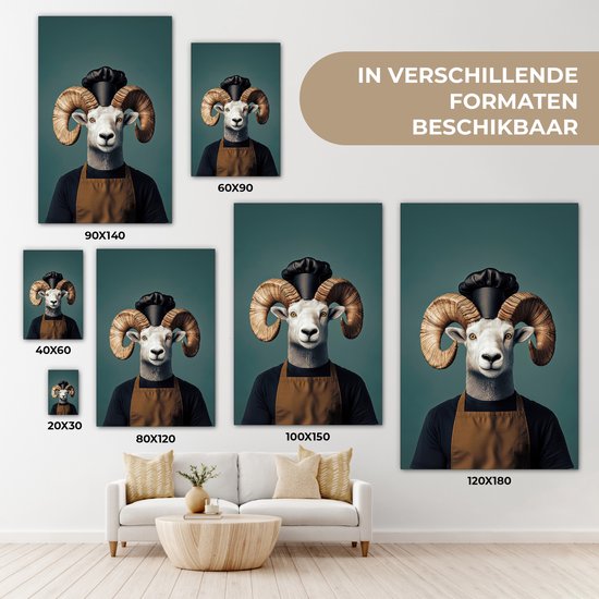 Tableau sur toile 80x120 cm - Décoration murale Chèvre - Cornes - Vêtements de chef - Décoration murale murale salon - Décoration chambre - Accessoires chambre - Peintures sur toile