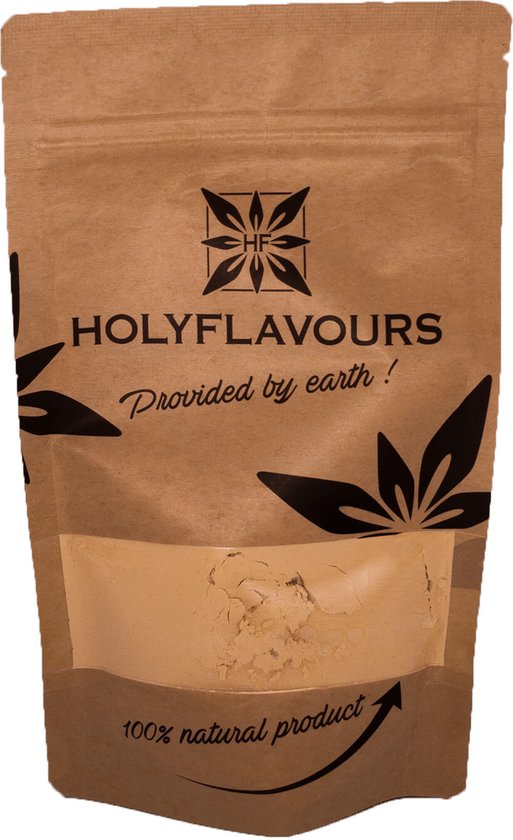 Bruine papieren zak met "HOLYFLAVOURS Provided by earth! 100% natural product" opdruk en een venster met baobab poeder.