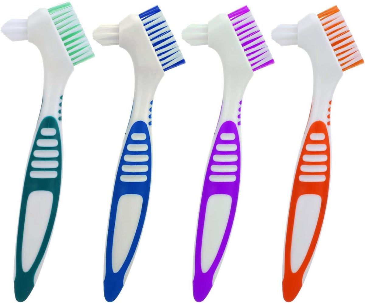4 Pcs False Teeth Toothbrushes with Double-Sided Portable Denture Cleaning Brush