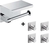 Knaak Set Porte-rouleau de papier toilette + 4 crochets porte-serviettes - Acier inoxydable - Suspension sans Embouts - Étagère - Argent