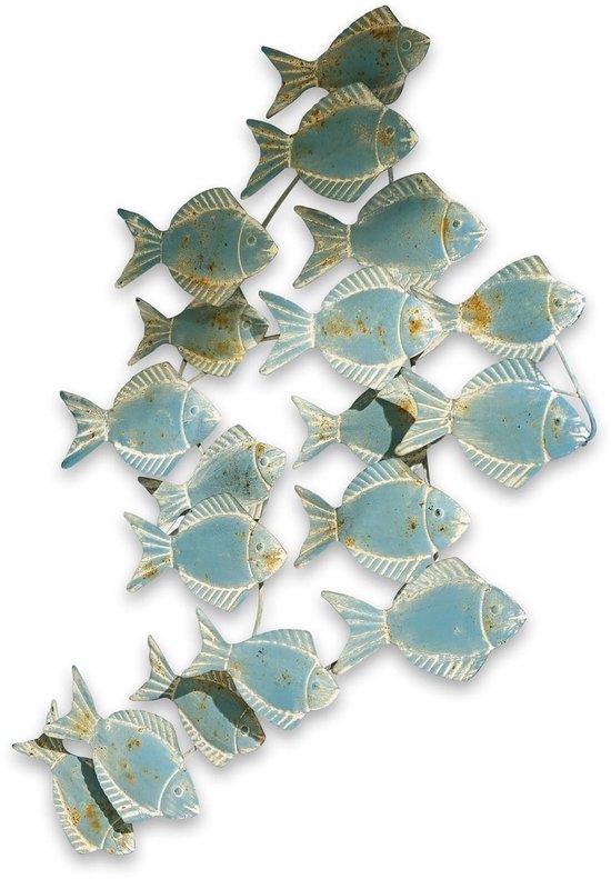 Décoration Murale 'Pesce' Loberon - Banc De Poissons En Fer Bleu-Gris, Ambiance Maritime 76 X 53 X 3 Cm