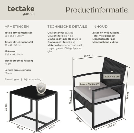 Afmetingen van een zwarte wicker tuinset met grijze kussens: stoel 58x55,5x78cm, tafel 41x41x39cm.