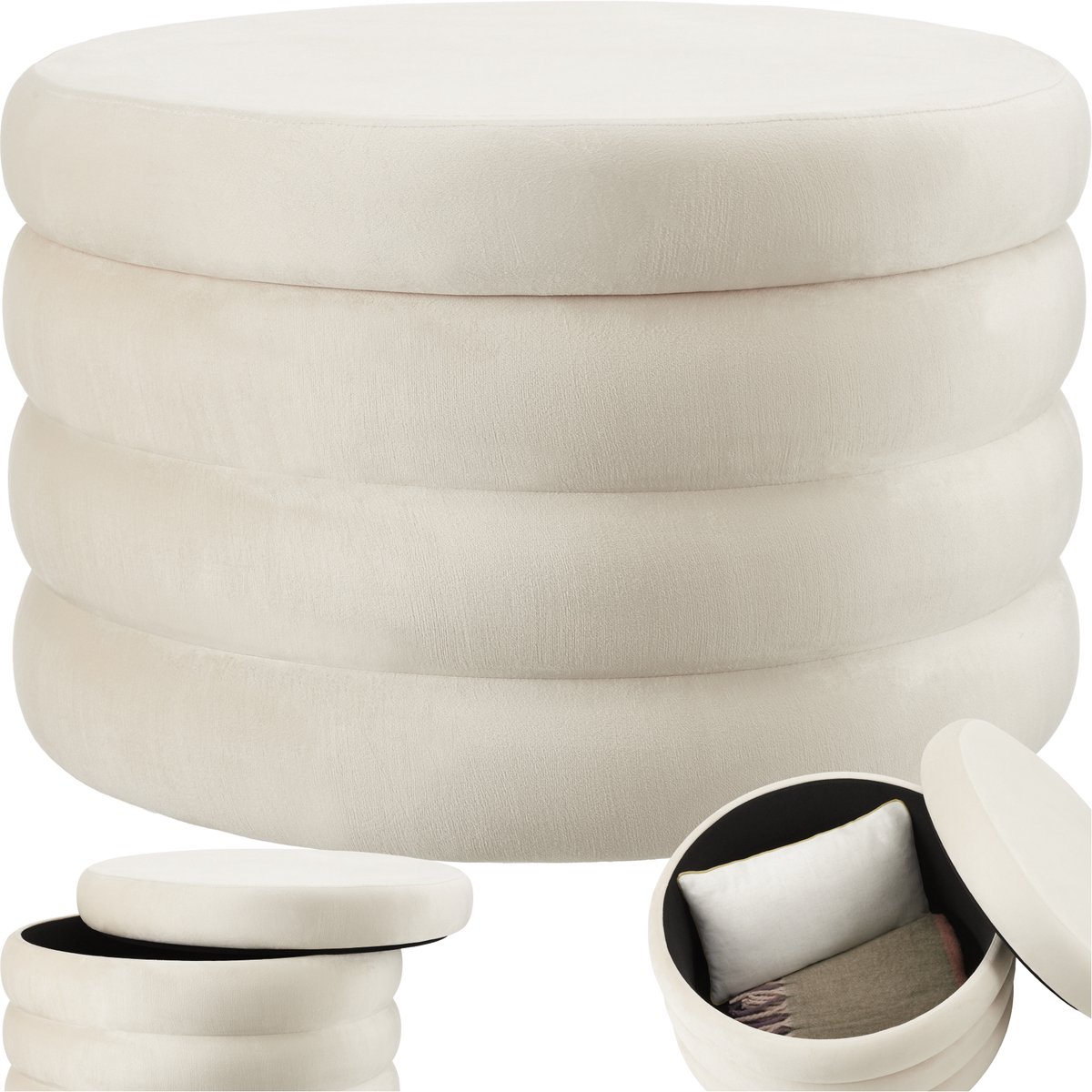 Tectake Poef Altu XL - Fluweellook Zithocker met Opbergruimte - Cremewit, Ø 67 x 42 cm - Stevig MDF-frame - Max. 150 kg Fluweellook creme wit